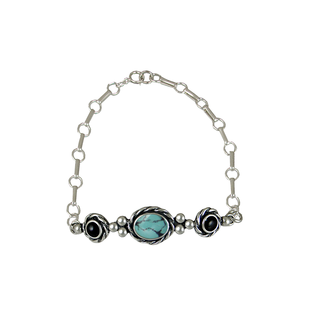 Sterling Silver Gemstone Adjustable Chain Bracelet With Chinese Turquoise And Black Onyx